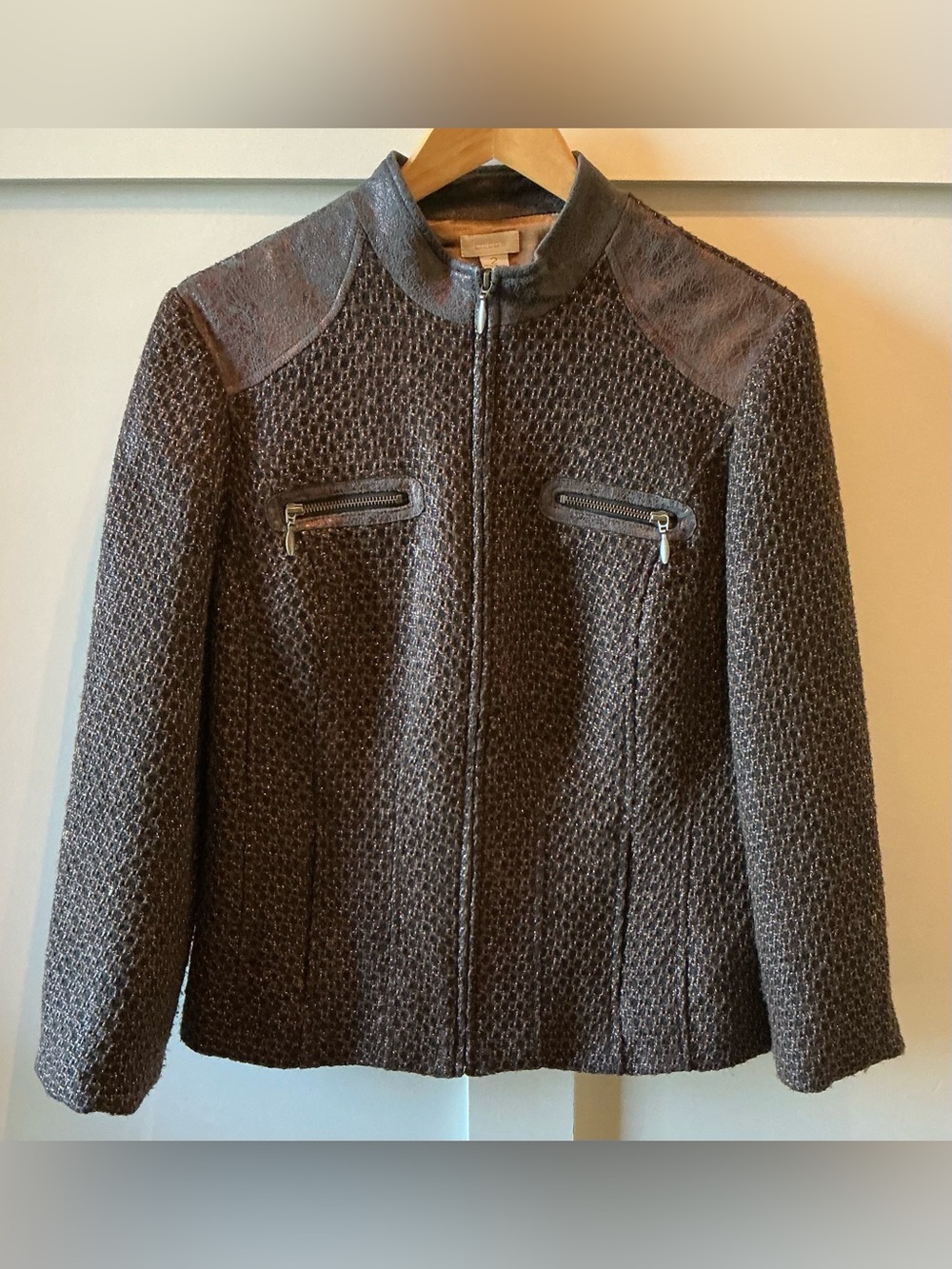 Chico's Kellina Metallic Tweed Moto Jacket Women's Size 2 Brown Full Zip
